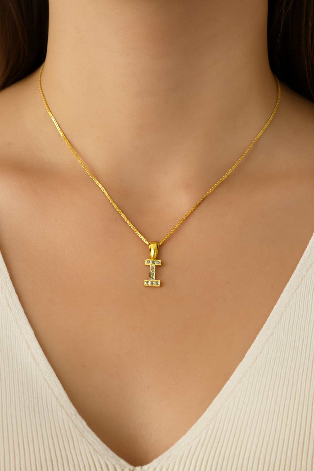 Colier din Argint 925 Placat cu Aur 14K, Pandantiv Litera I