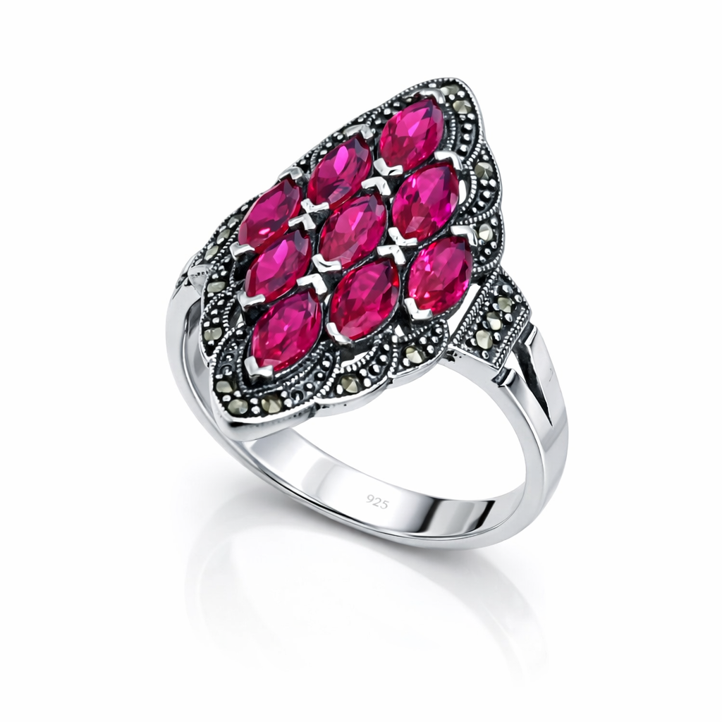 Inel argint 925 autentic cu pietre roșii fucsia și marcasite, bijuterie rafinată tip statement