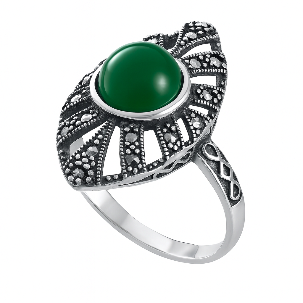 Inel argint 925 cu piatră agată verde și marcasite, design vintage pentru femei
