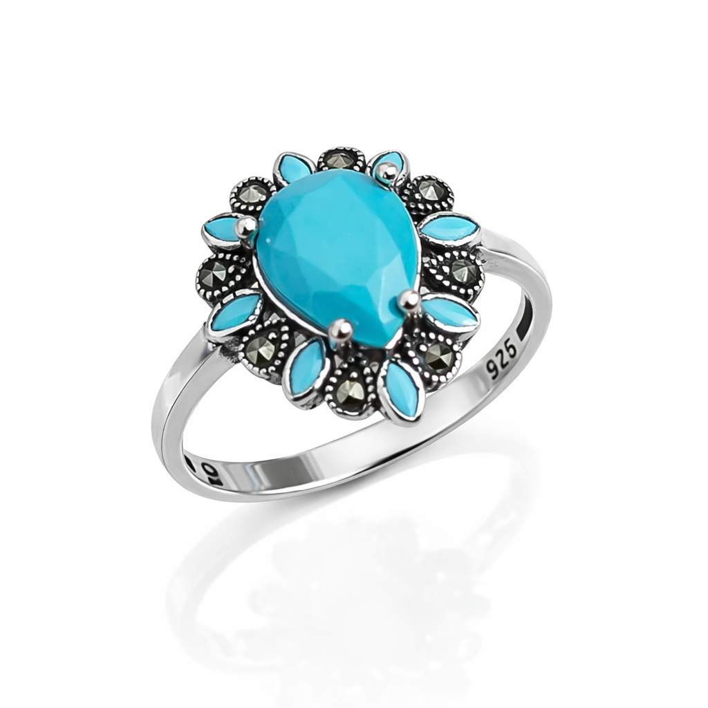 Inel argint 925 cu piatră centrală turcoaz 18x15 mm și detalii elegante