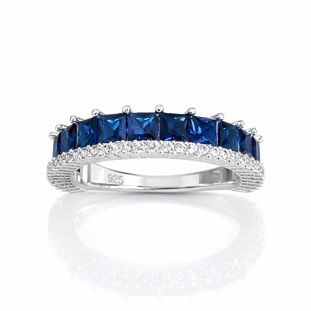 Inel argint 925 cu pietre albastre și zirconii albe, bijuterie fină pentru femei, cutie cadou