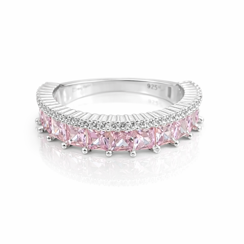 Inel argint 925 cu pietre roz, bijuterie fină pentru femei, finisaj lucios