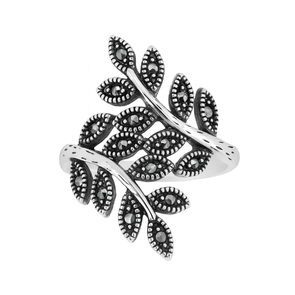 Inel argint 925 lucrat cu marcasite – model natură, frunză detaliată