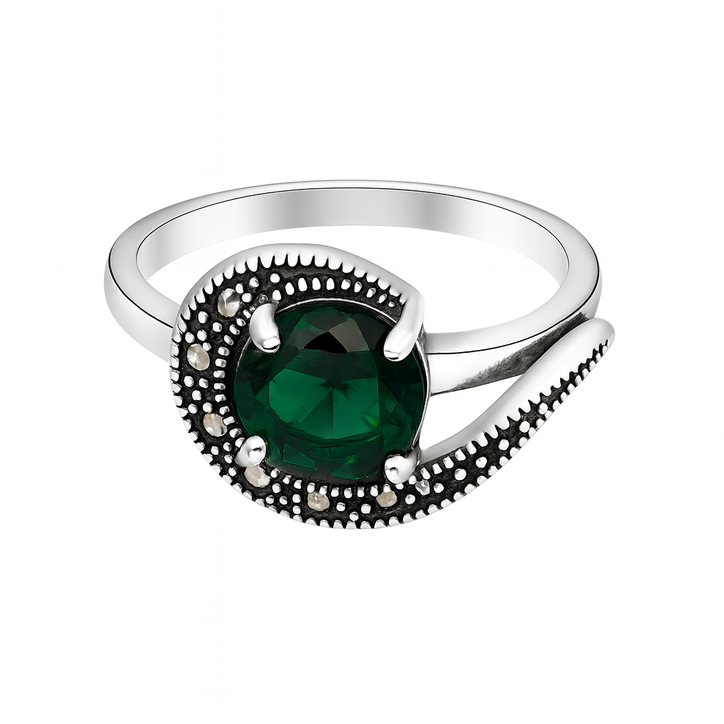 Inel argint cu marcasite și cristal verde, design vintage, InfinityBijoux