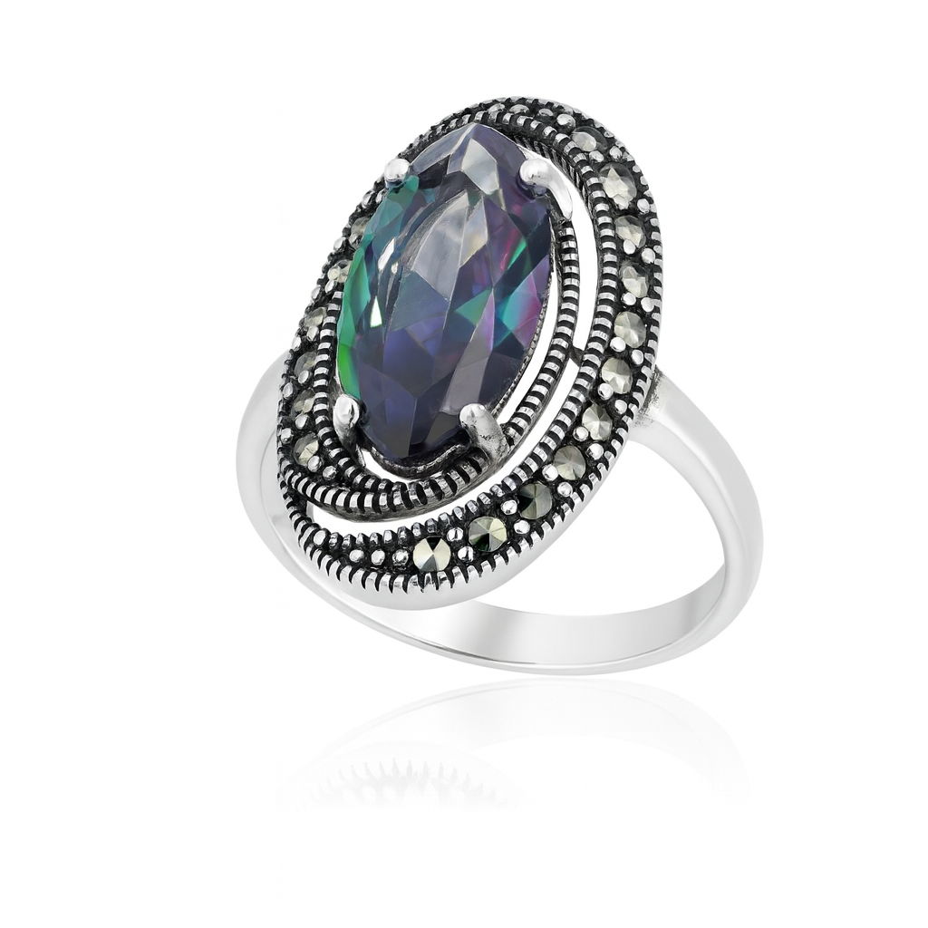 Inel din argint 925 cu Mystic Topaz și marcasite, model vintage marquise