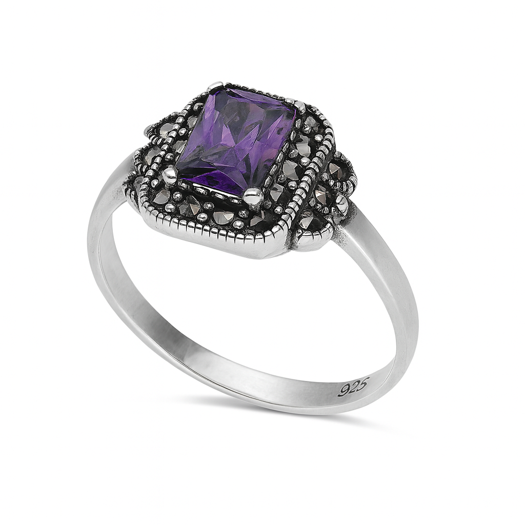 Inel din argint 925 cu marcasite și piatră mov – model vintage elegant