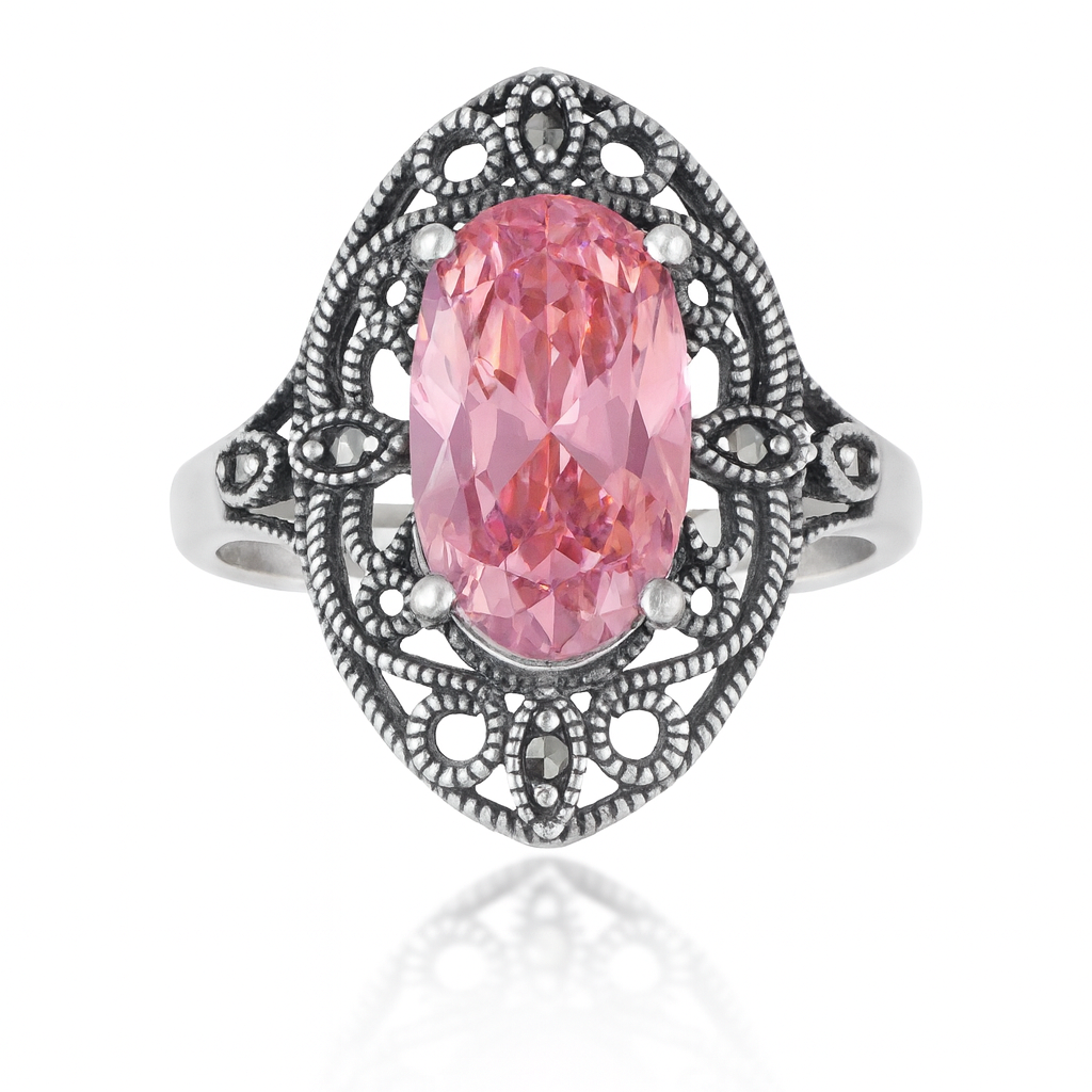 Inel din argint 925 cu marcasite și piatră roz ovală – bijuterie vintage elegantă