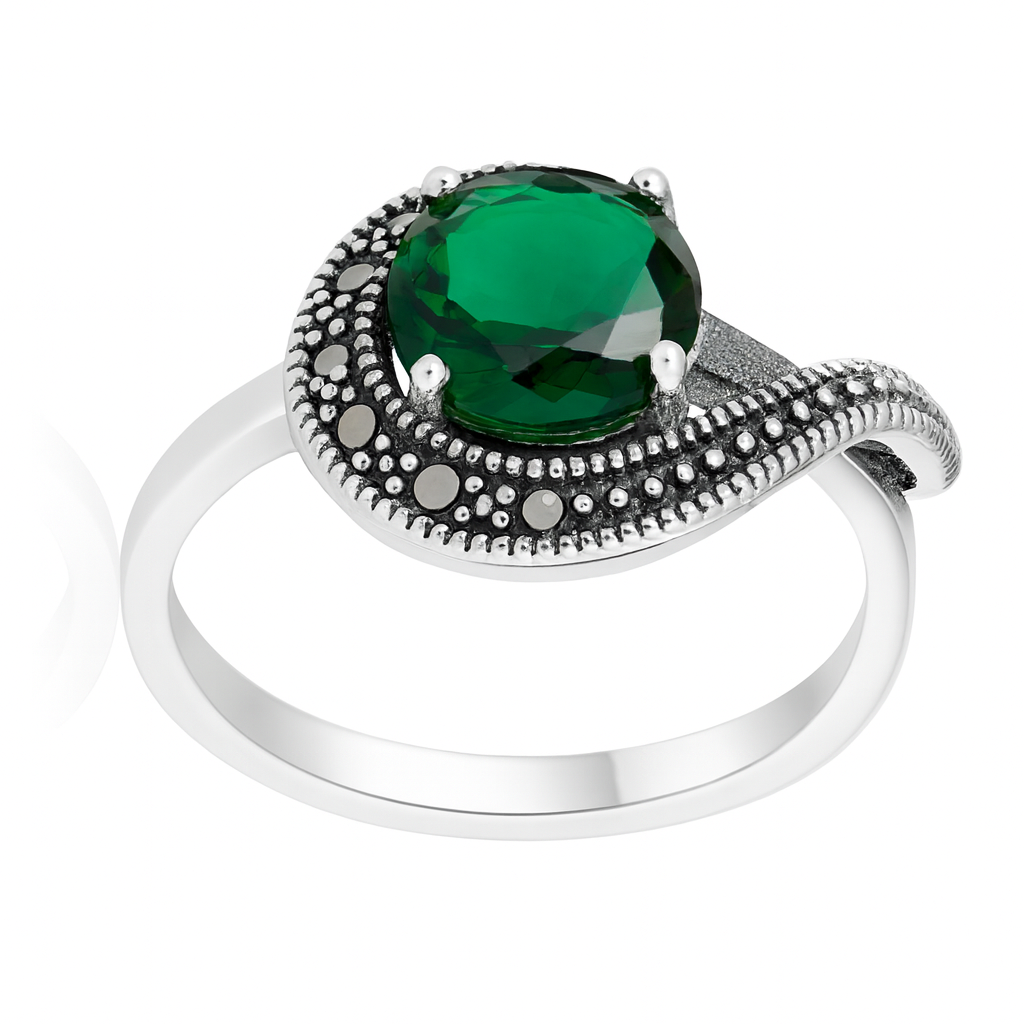 Inel din argint 925 cu marcasite și piatră verde – bijuterie elegantă pentru femei
