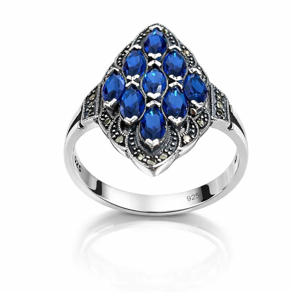 Inel din argint 925 cu marcasite naturale și pietre albastre, design vintage elegant