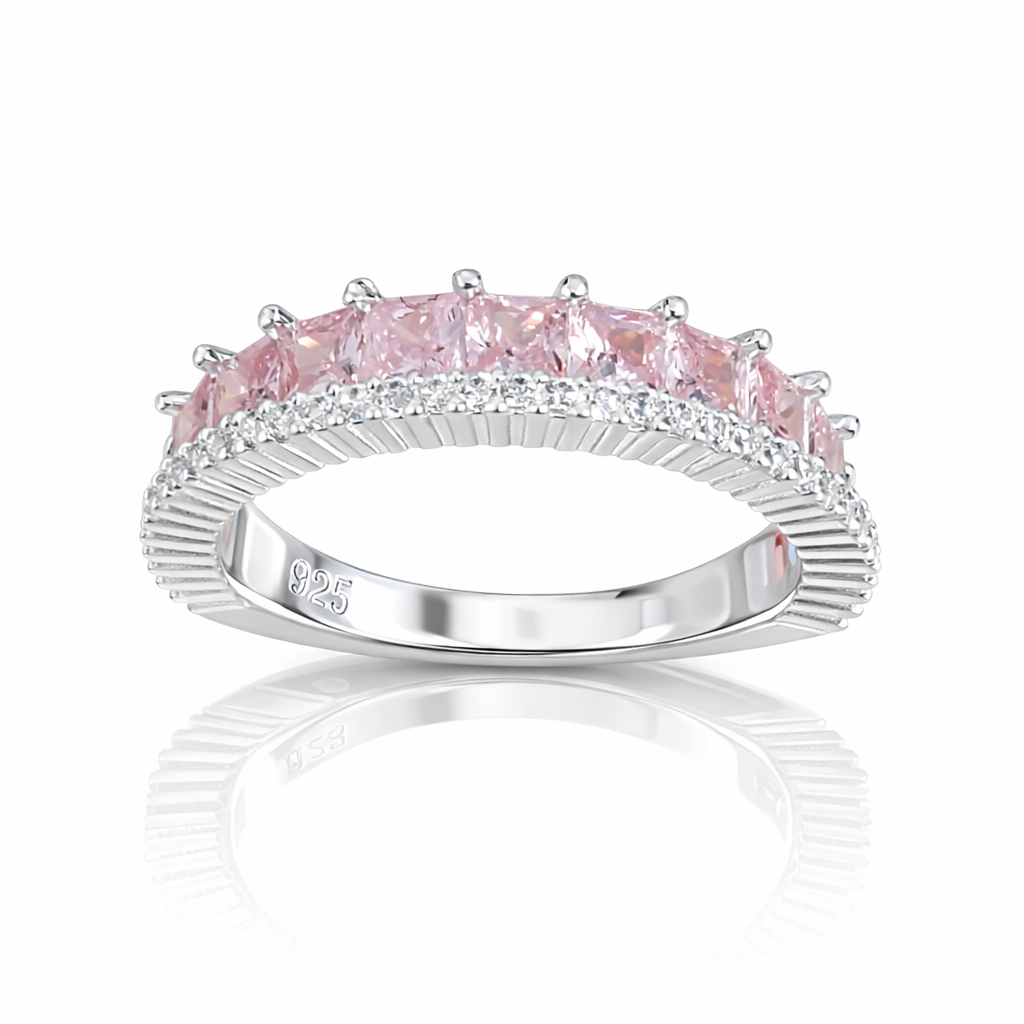 Inel din argint 925 cu pietre roz și zirconii albe, design elegant, lățime 5 mm