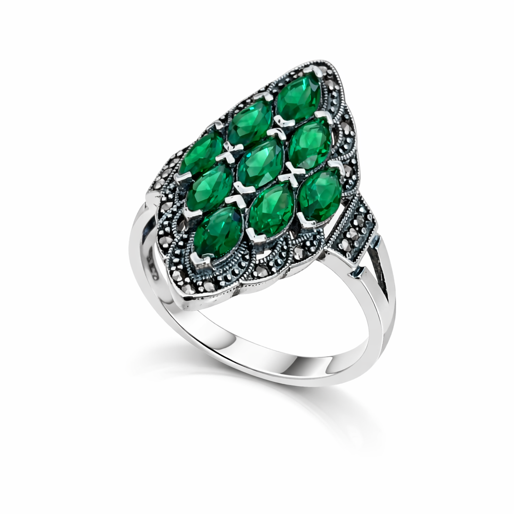 Inel din argint 925 cu pietre verzi și marcasite, design vintage elegant