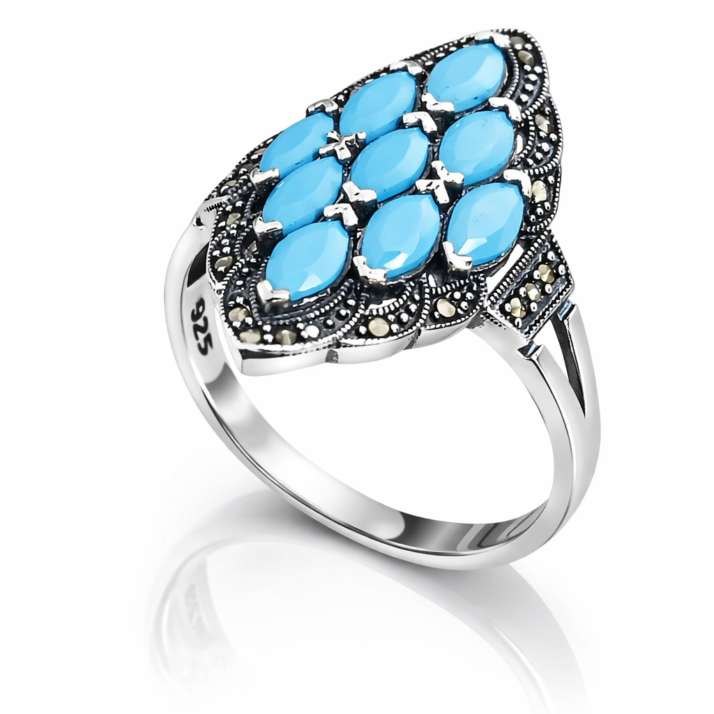 Inel din argint 925 cu turcoaz natural și marcasite autentice, design vintage elegant