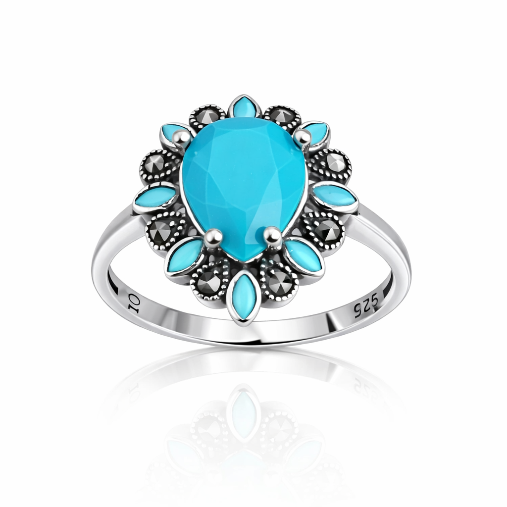 Inel din argint 925 cu turcoaz natural și marcazite decorative, vedere frontală
