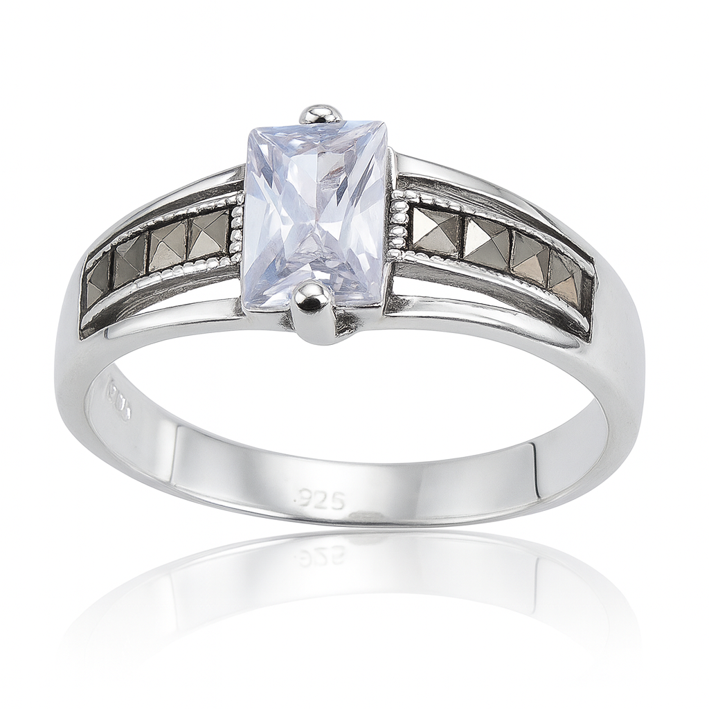 Inel din argint 925 cu zirconia dreptunghiulară și pietre marcasite, bijuterie elegantă pentru femei.