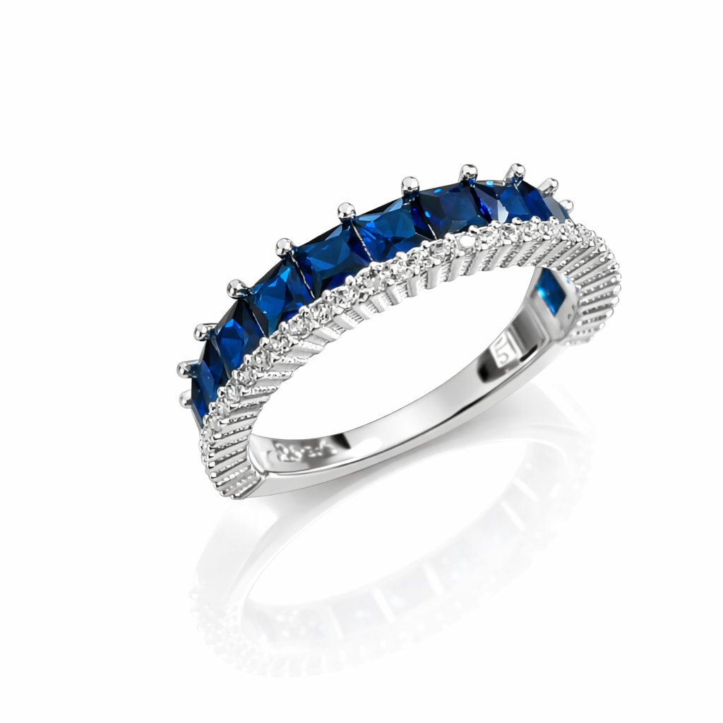 Inel elegant din argint 925 cu pietre albastre strălucitoare și zirconii albe, vedere frontală