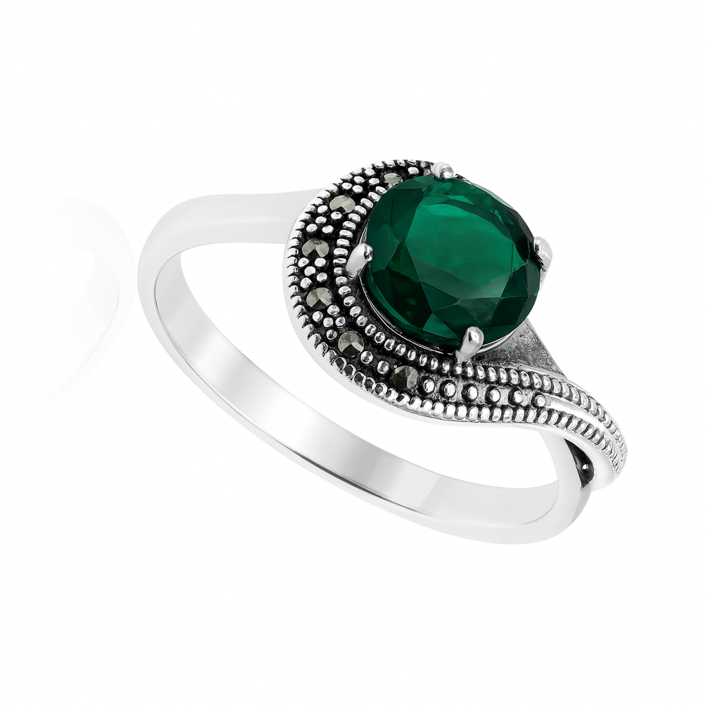 Inel elegant din argint cu marcasite și piatră verde, model curbat stil victorian
