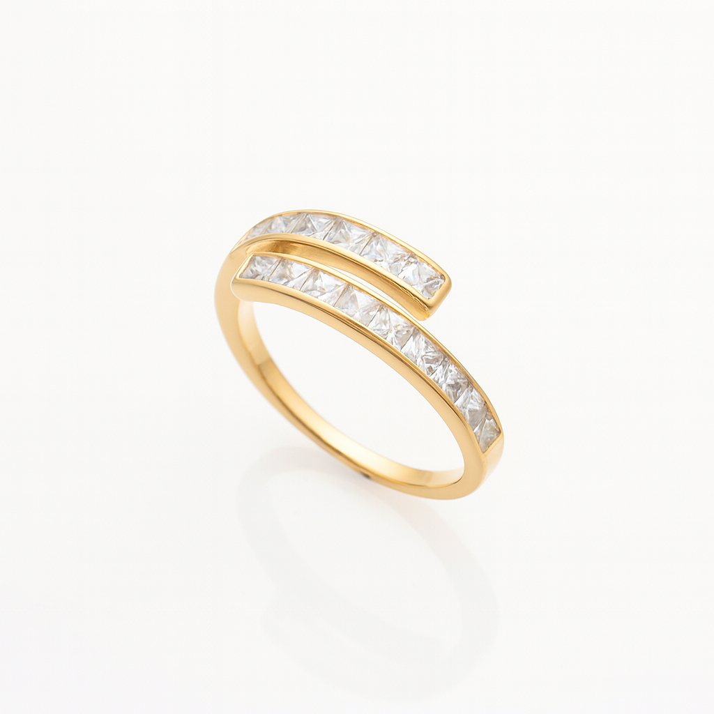Inel elegant placat cu aur 14K, model deschis ajustabil, cu pietre zirconiu