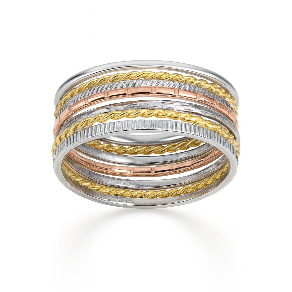 Inel lat 9mm din argint 925, compus din șapte benzi decorative, imagine pentru magazin online