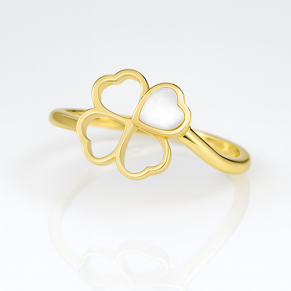 Inel norocos cu trifoi și petală din sidef alb, argint 925 placat aur 14K – InfinityBijoux