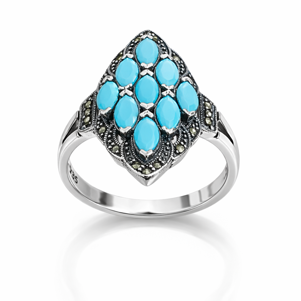 Inel statement argint 925 cu pietre de turcoaz natural și detalii din marcasite