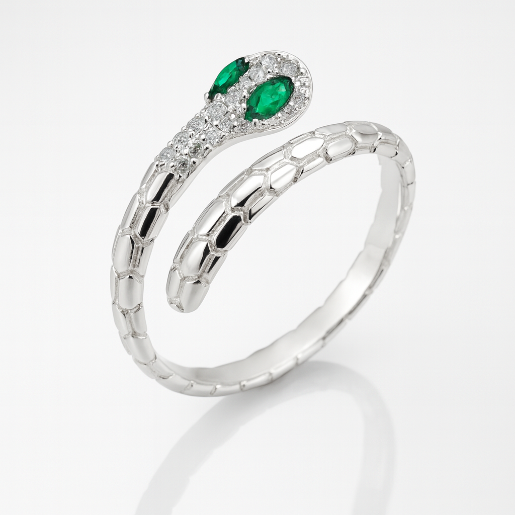 Inel statement din argint 925, design șarpe texturat cu ochi verzi