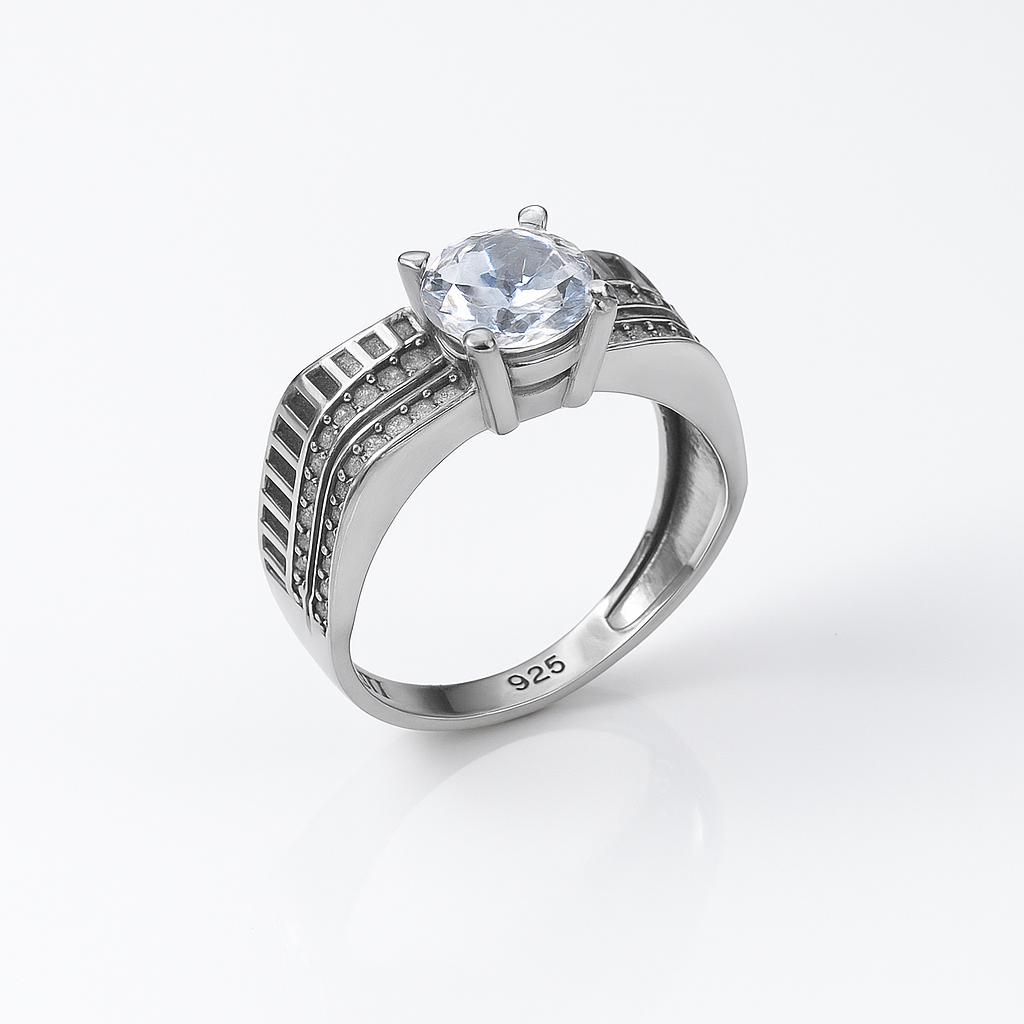 Inel strălucitor din argint veritabil 925, finisat cu rodiu și piatră centrală transparentă