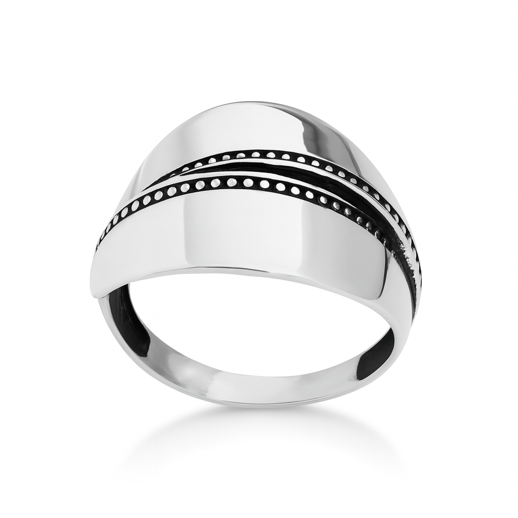 Inel unisex din argint 925, design curbat cu linii punctate și aspect statement