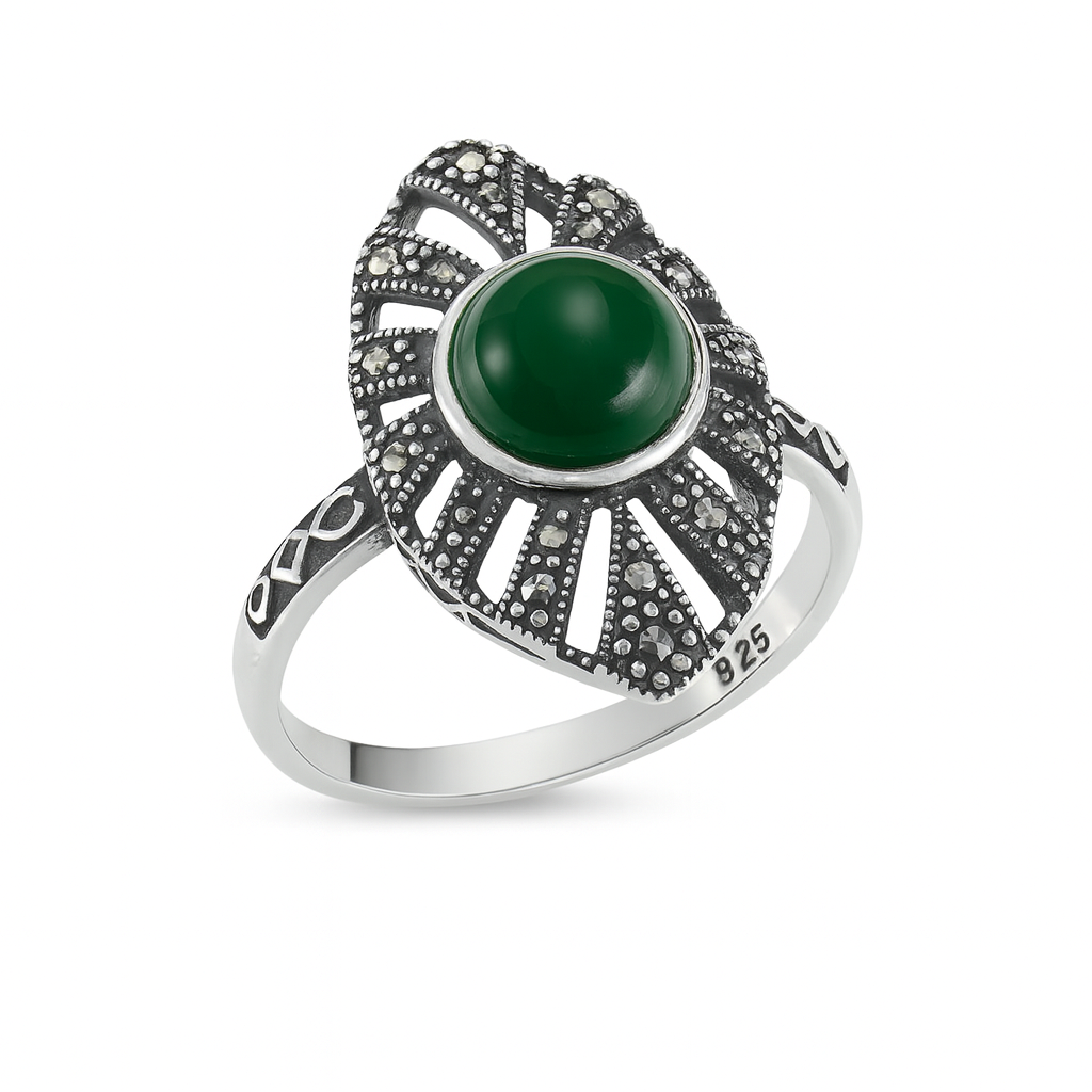 Inel vintage din argint 925 cu marcasite și agată verde – model elegant InfinityBijoux