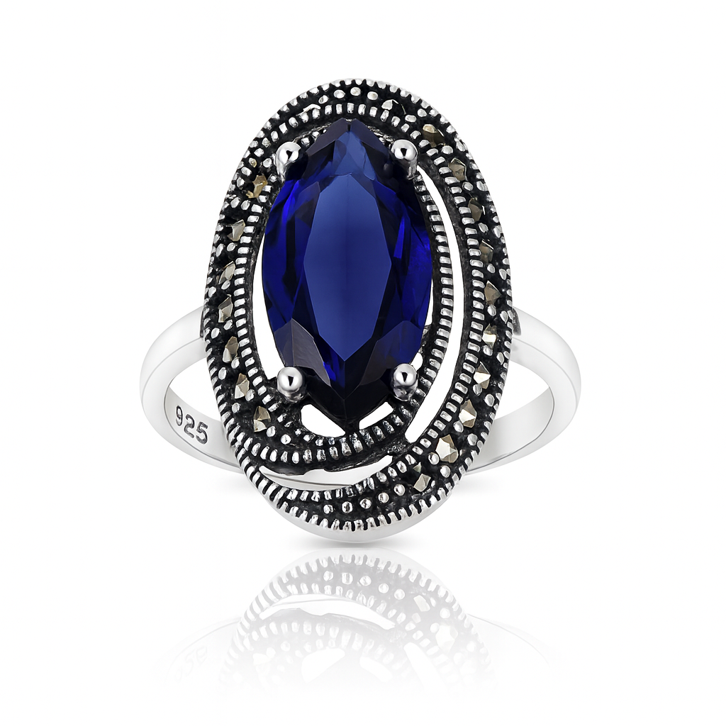 Inel vintage din argint 925 cu marcasite și piatră albastră marquise