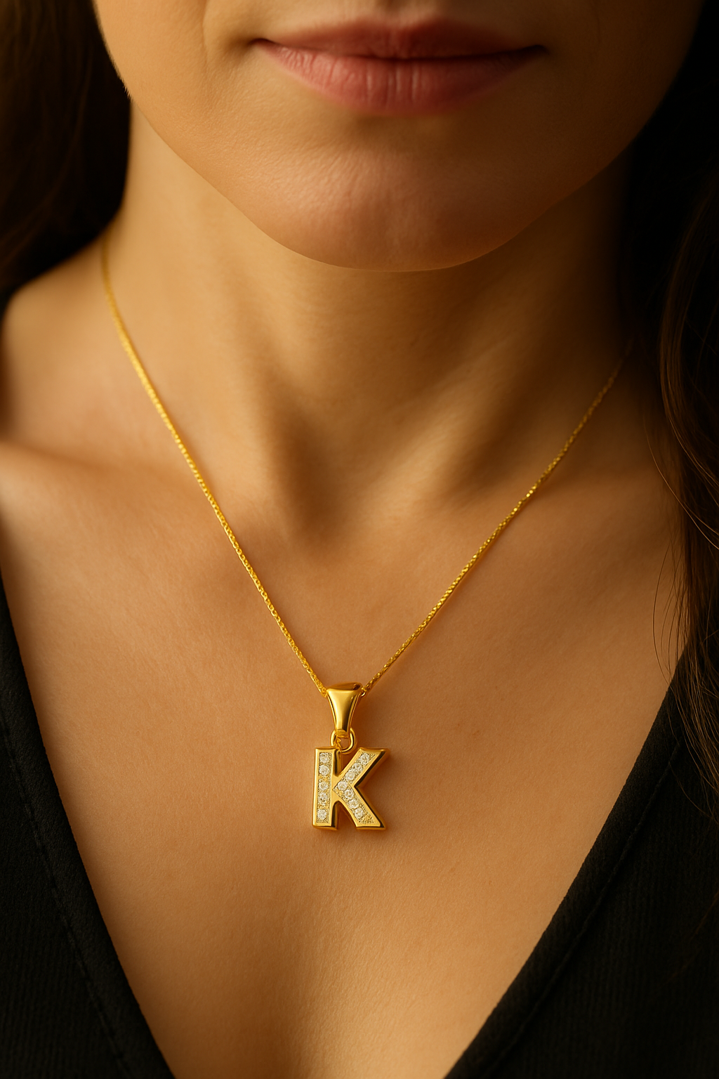 Colier din Argint 925 placat cu Aur 14K, Pandantiv Litera K cu Zirconiu