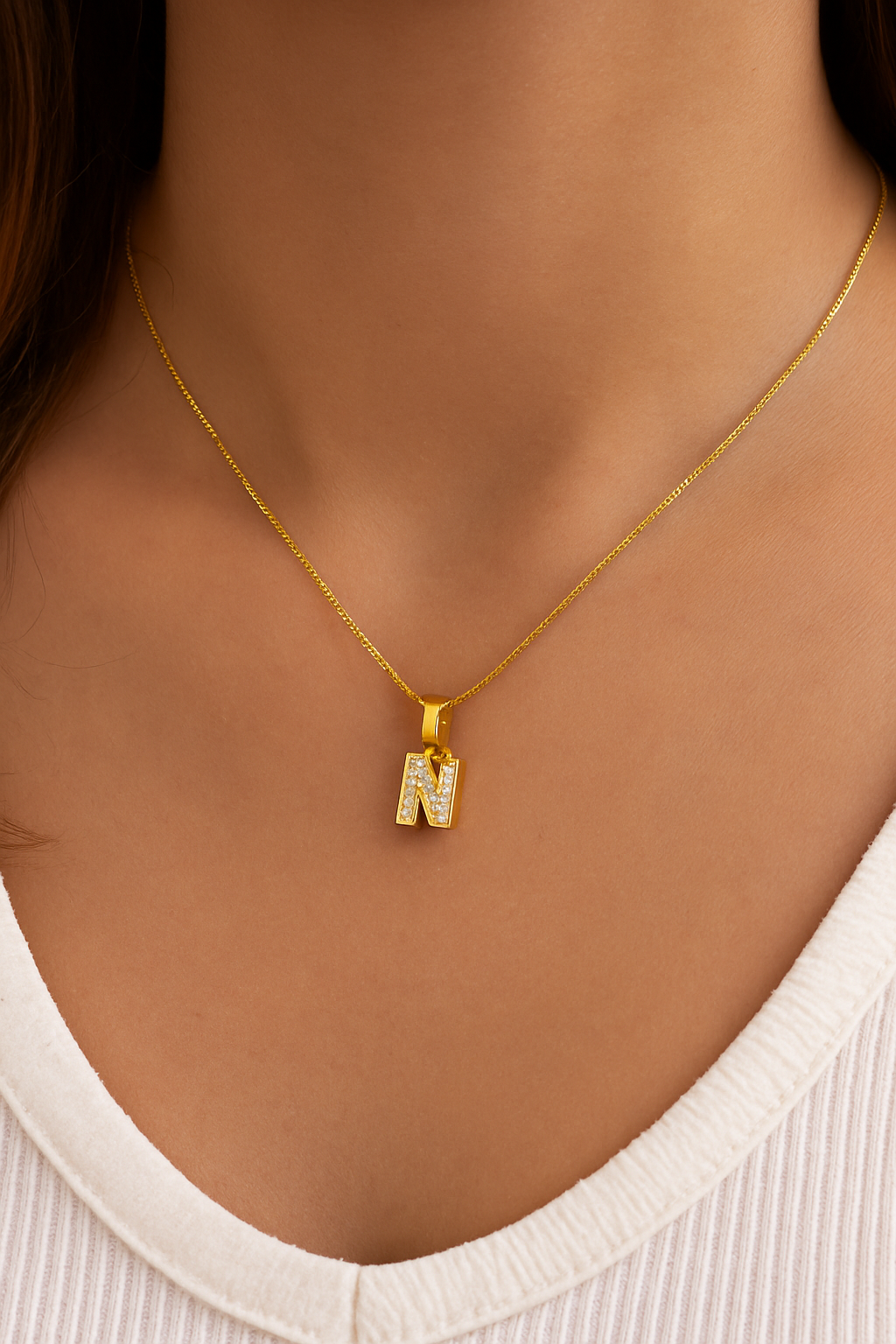 Colier din Argint 925 Placat cu Aur 14K, Pandantiv Litera N