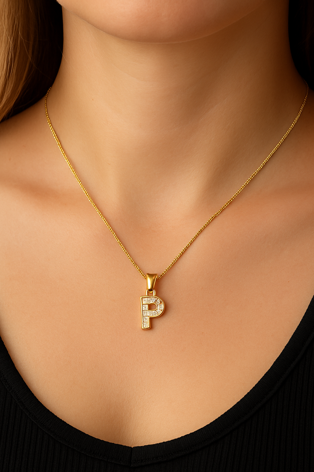 Colier din Argint 925 Placat cu Aur 14K, Pandantiv Litera P