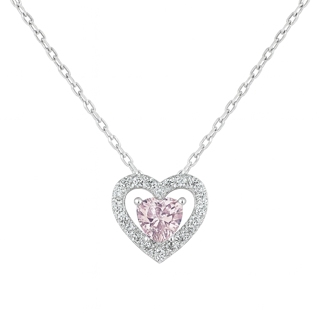 Pandantiv inimă cu piatră roz pe colier din Argint 925, accesoriu fin și strălucitor