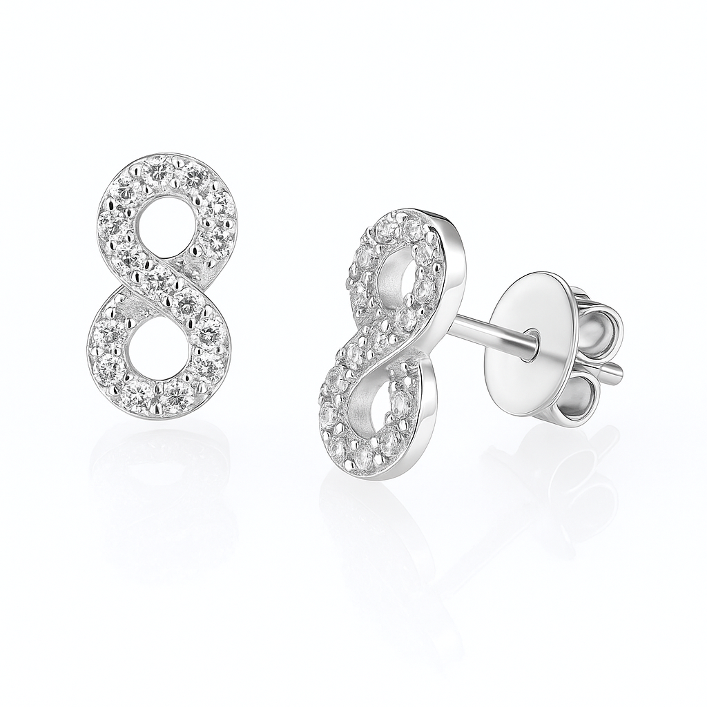 Pereche cercei simbol infinit din argint 925, placați cu rodiu și decorați cu pietre zirconia – cadou ideal pentru ea.