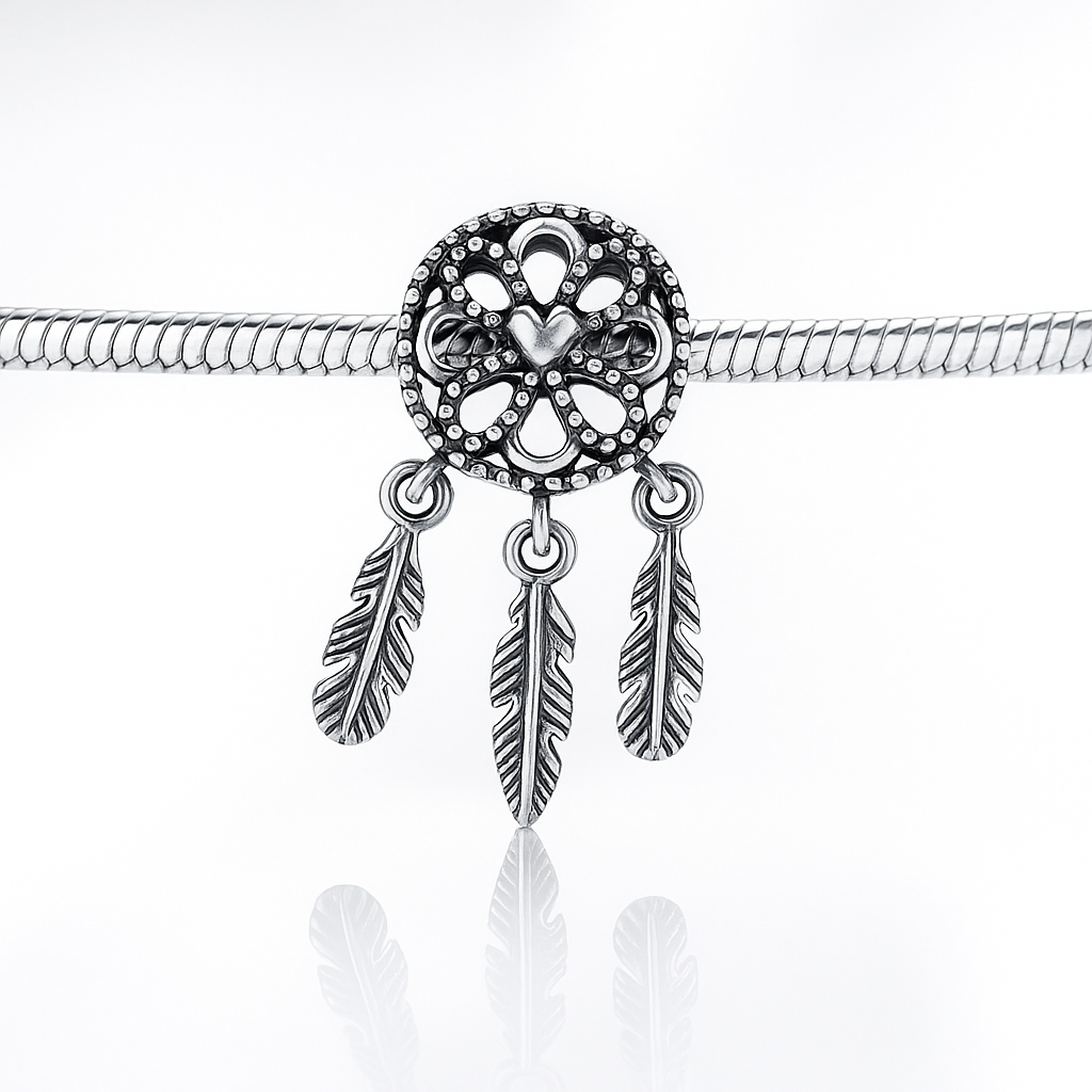 Talisman Dream Catcher din argint masiv 925 pentru brățări Pandora, bijuterie spirituală cu pene și inimă