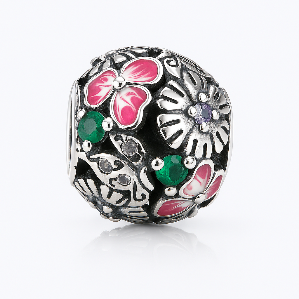 Talisman argint 925 cu flori roz emailate și accente verzi, accesoriu pentru brățară