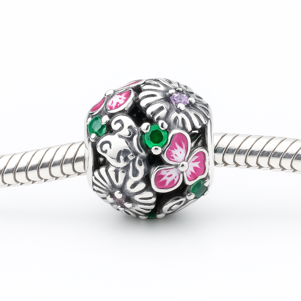 Talisman floral din argint 925 cu detalii emailate roz și cristale verzi pentru brățară