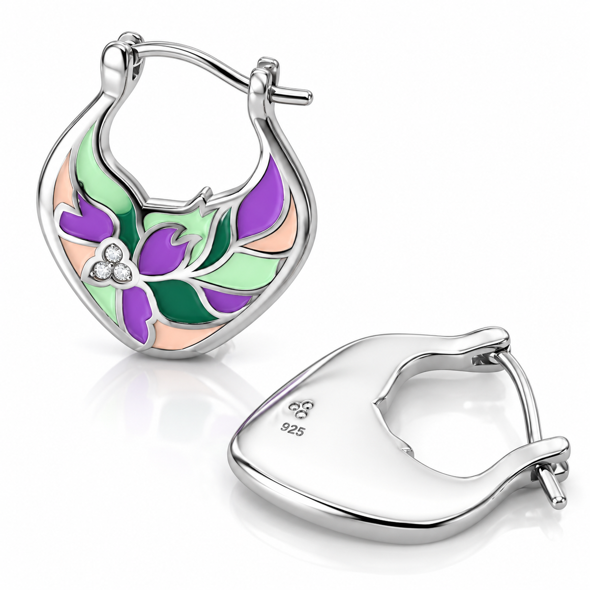Cercei Damă din Argint 925 cu Email Floral Multicolor și Zirconii – Model Elegant Floare, Mov și Verde. CD475
