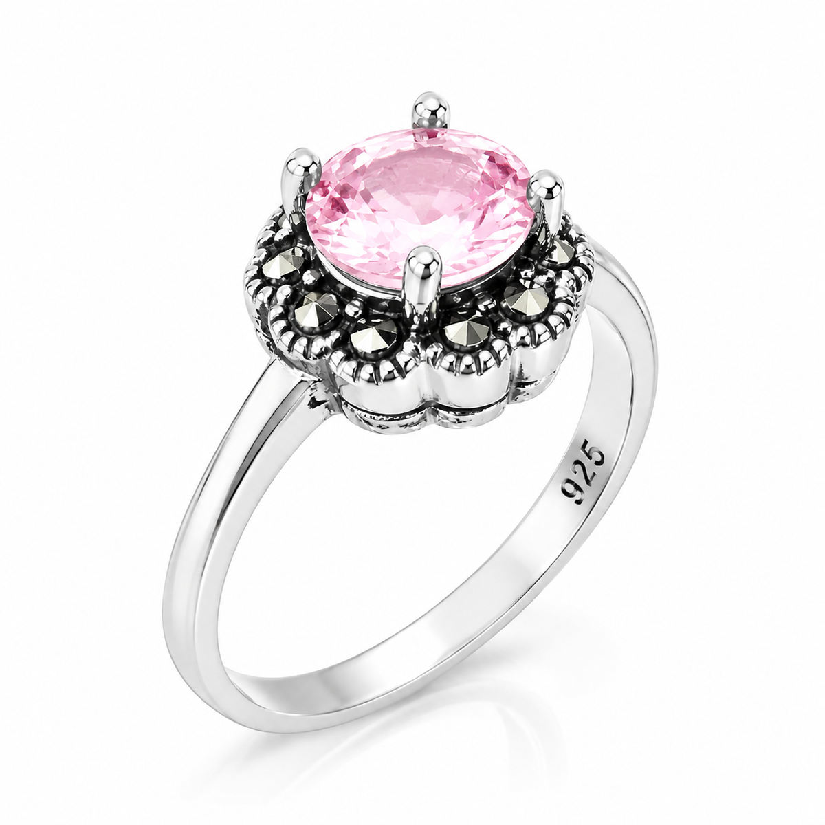 Inel din Argint 925 cu Piatră Roz și Marcasite „Rozalia” – Eleganță Vintage și Rafinament Feminin ID581