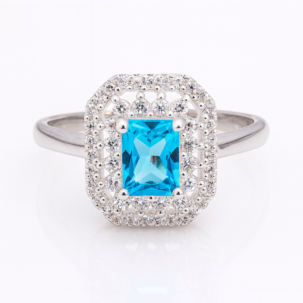 Inel de logodnă din argint 925 cu zircon dreptunghiular și dublu halou de cristale – simbolul iubirii eterne