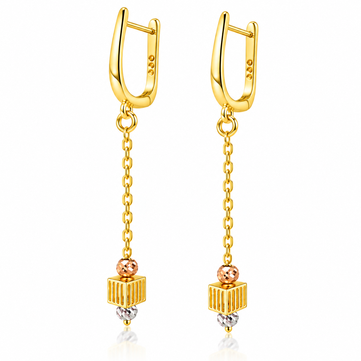 Cercei Pendul Geometric din Argint 925 placat cu aur – Lanț Fin cu Elemente Bicolore, 6 cm, 2,43 g