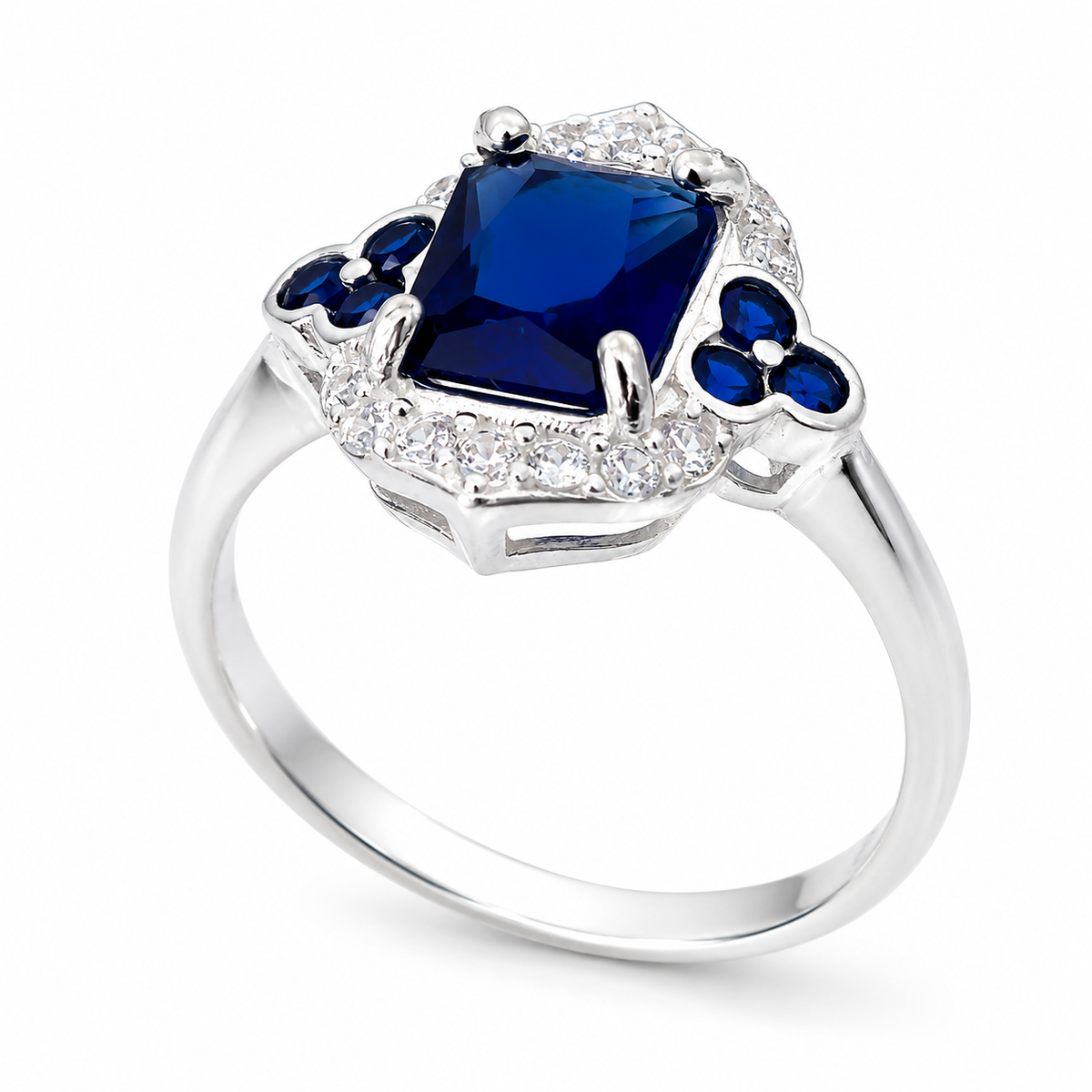 Inel din Argint 925 „Safir Regal” cu Piatră Albastră Dreptunghiulară și Zirconii – Eleganță și Rafinament. ID551
