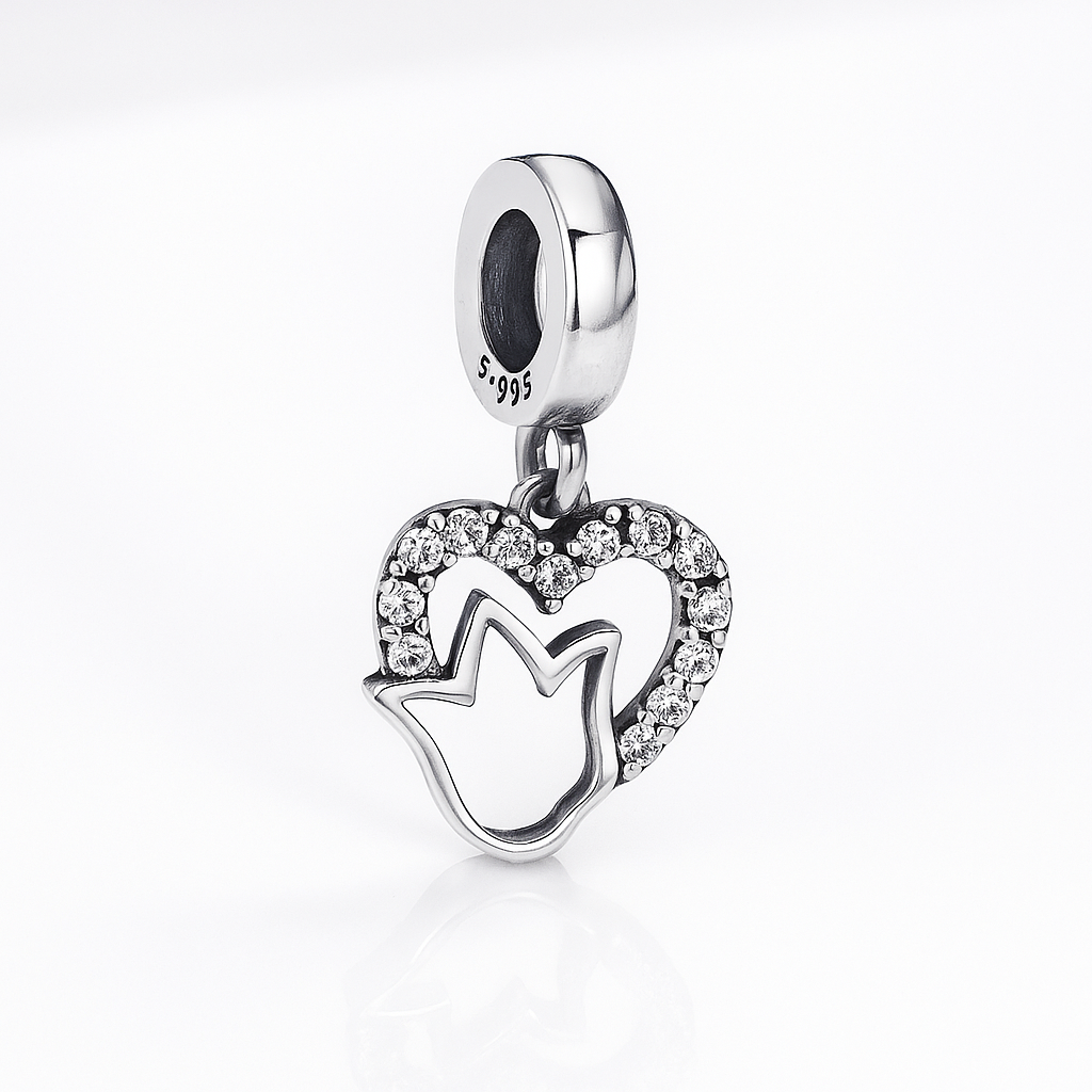 bijuterie charm din argint 925 cu detalii florale și inimă, finisaj lucios, ideal pentru colecția Pandora