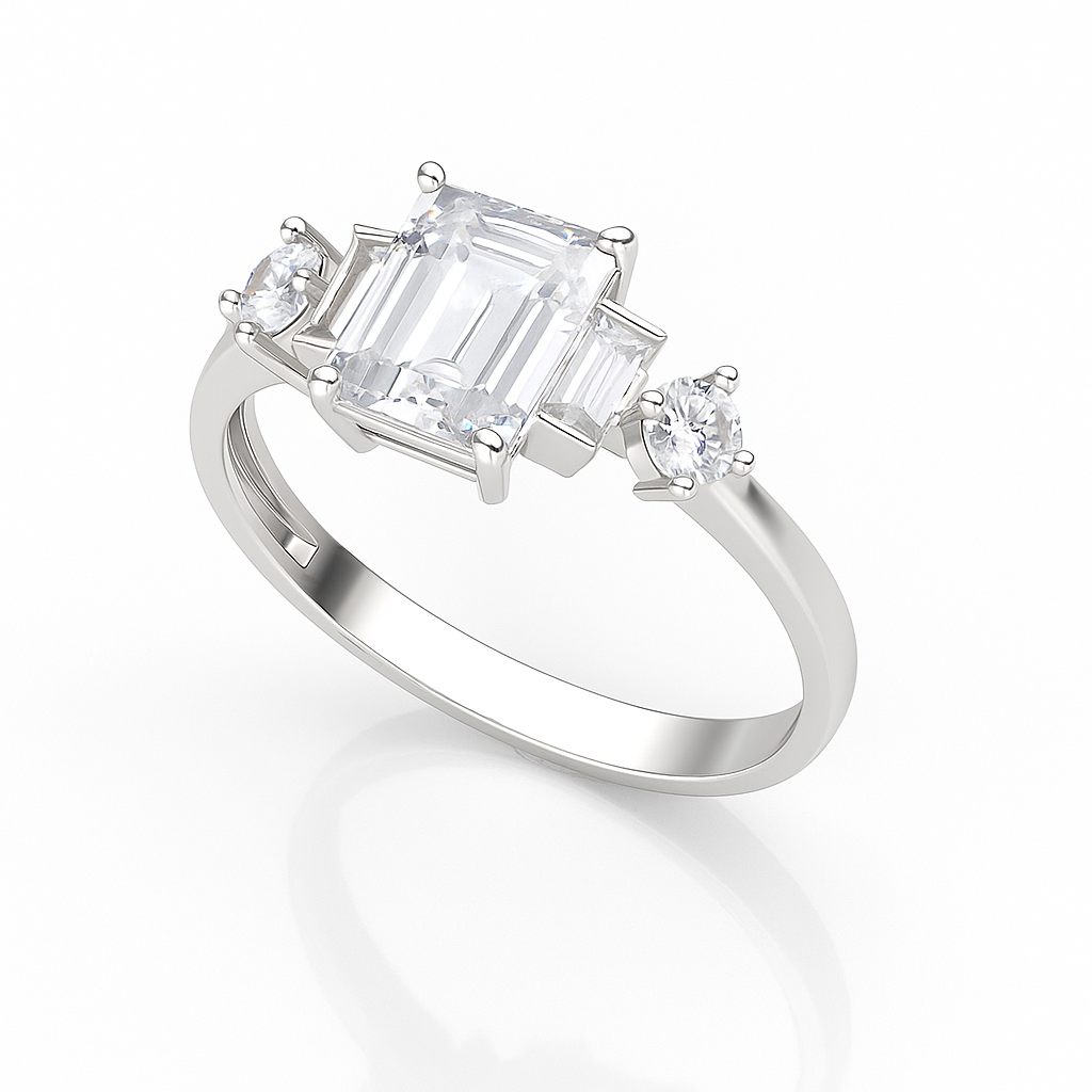 bijuterie de damă, inel din argint rodiat cu piatră tăiată tip smarald, produs Infinity Bijoux