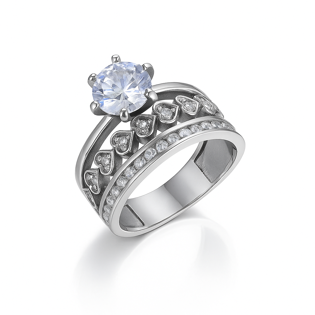 bijuterie de lux din argint 925 rodiat cu inimioare și zirconiu – inel simbol al iubirii eterne