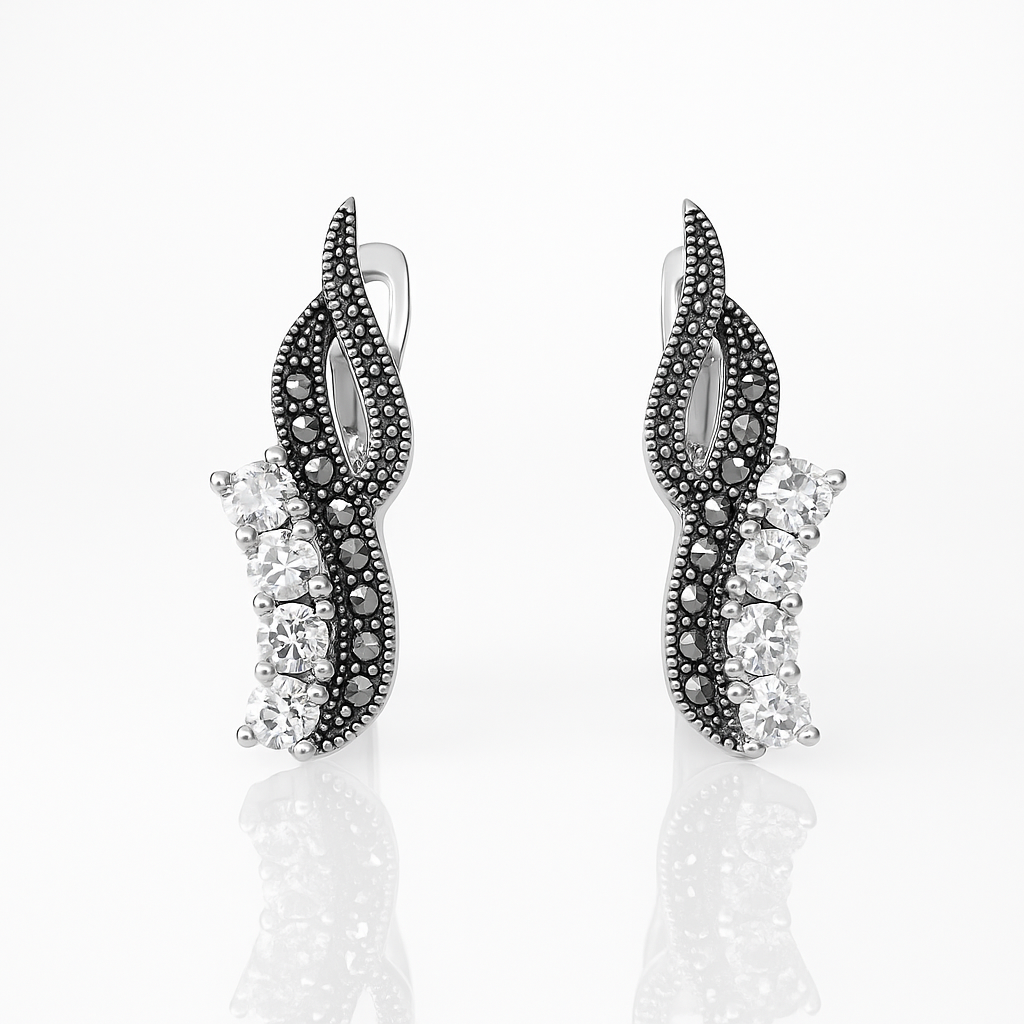 bijuterii argint 925 pentru femei – cercei cu marcasite și design curbat