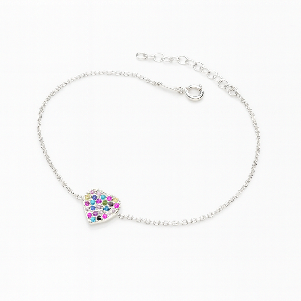 brățară din argint 925 cu inimă și pietre colorate, design elegant reglabil 16+4 cm