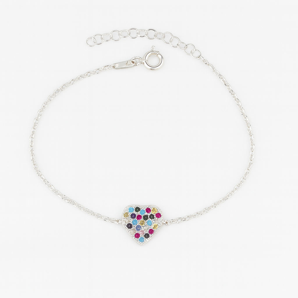 brățară elegantă de damă din argint 925 cu pandantiv inimă și cristale multicolore