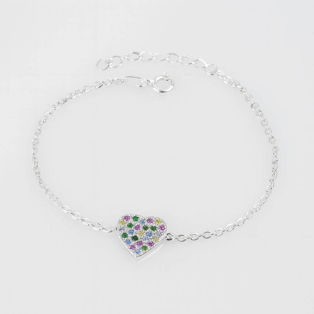 brățară fină argint 925 pentru femei, inimă colorată, lungime reglabilă și certificat de conformitate