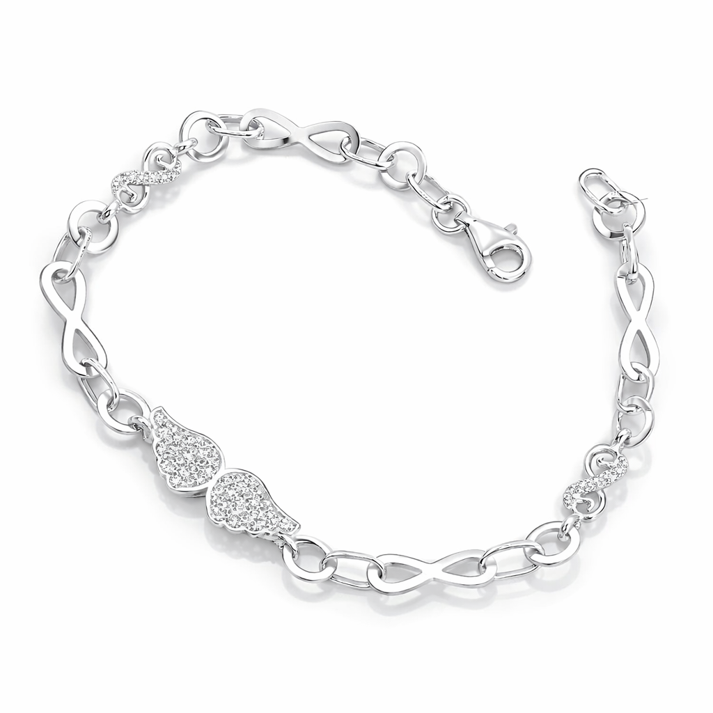 bratara argint cu aripi de inger si semn infinit, lungime 19 cm, finisaj lucios